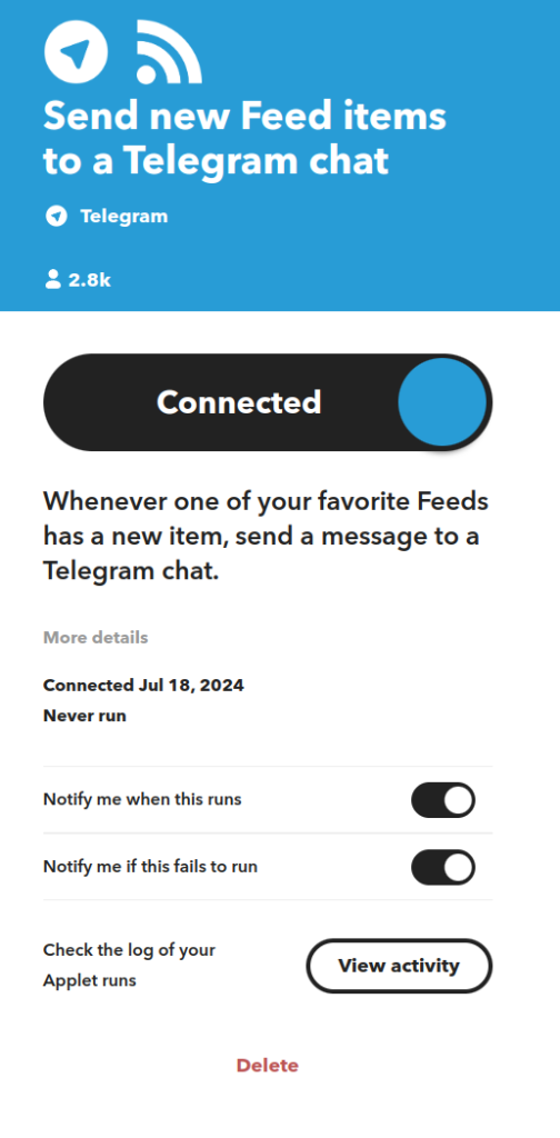 IFTTT RSS vers Telegram